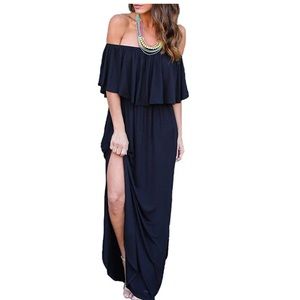 Off the shoulder Ruffle Maxi Dress with side slit.